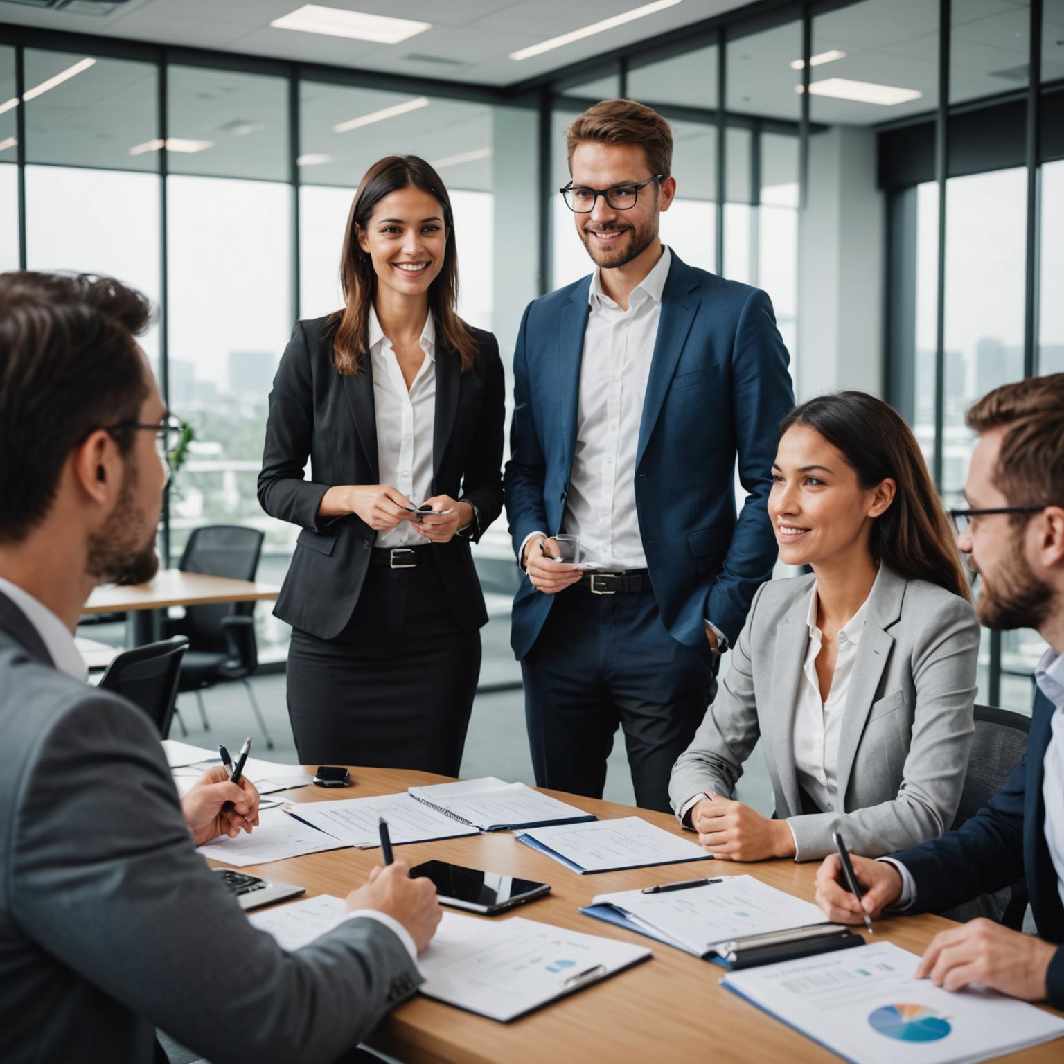 Professionals practising a business presentation in a Meridian classroom