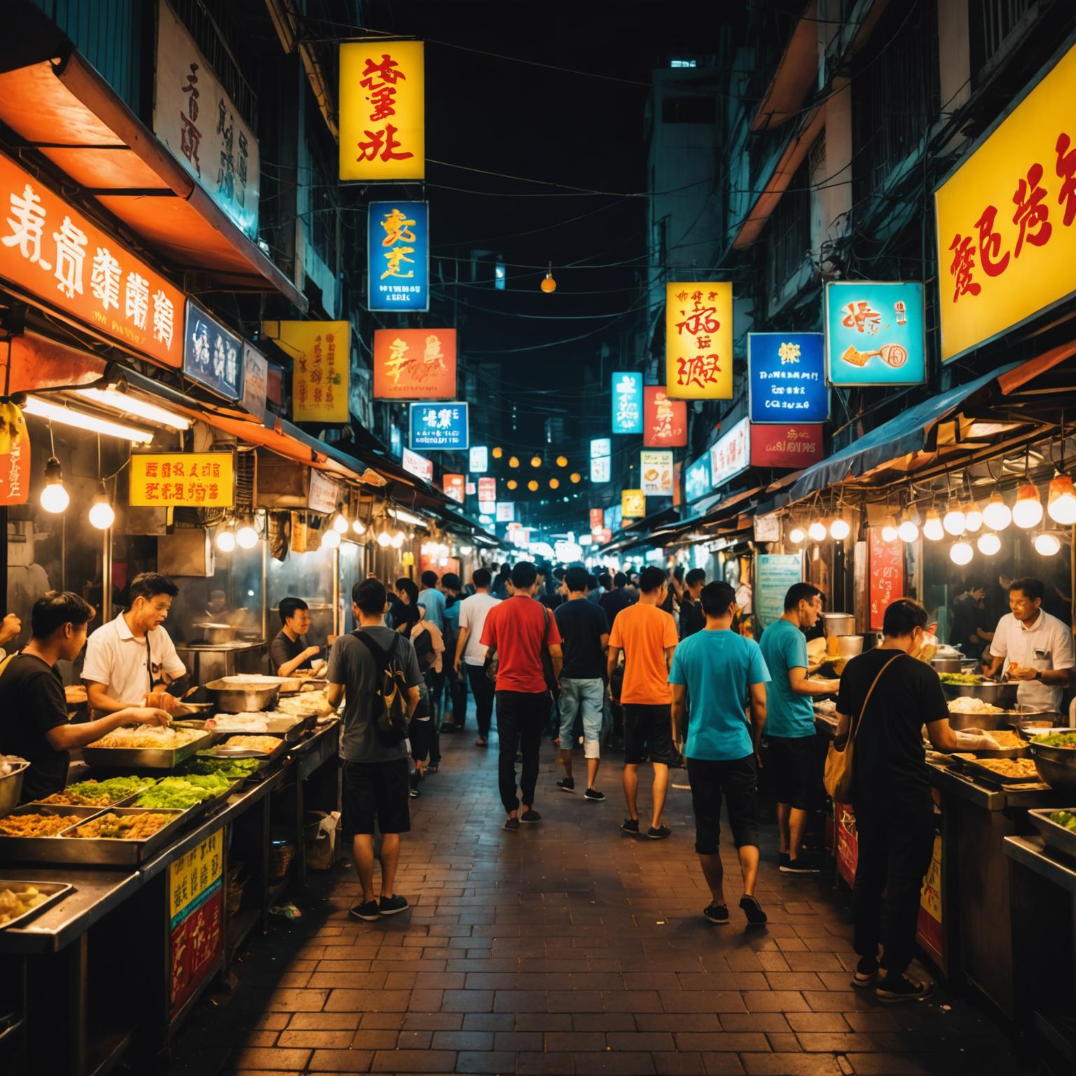 Malaysian street food market with diverse cuisine reflecting the country's multicultural heritage